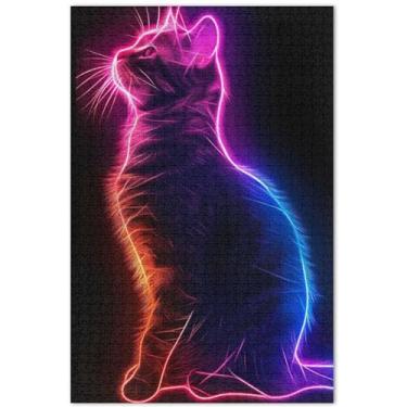 Imagem de Quebra-cabeça preto gato néon 1000 peças adultos família brinquedo arte inverno cena quebra-cabeças elefante branco, 75 x 40 centímetros