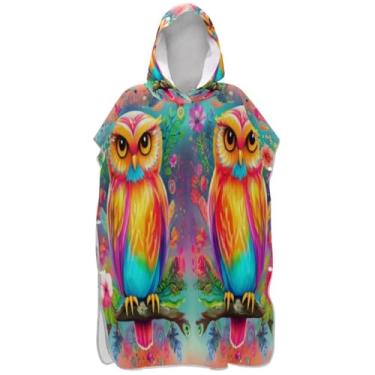 Imagem de Joisal Corujas fofas coloridas vibrantes poncho de surfe trocador para Adul Plus Size unissex adulto poncho com capuz toalha de banho com capuz de praia