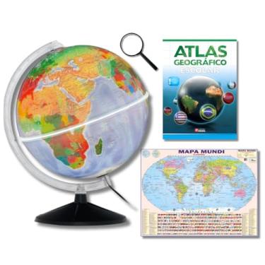 Imagem de GLOBO TERRESTRE FÍSICO HISTÓRICO LUMINOSO BASE OURO VELHO 30CM + MAPA MUNDI + LUPA + ATLAS GEOGRÁFICO