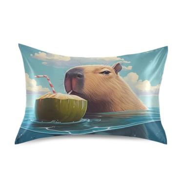 Imagem de Fronhas de cetim engraçadas refrescantes estampadas King Queen almofadas padrão chinelos decoração de quarto estética tamanho queen 76.2 cm x 50.8 cm capivara céu azul