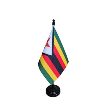 Imagem de Bandeira de Mesa do Zimbábue, 26cm Altura Total, 18x11cm Tecido Oxford, Face Única, Multicolorido, Base Plástica, para Escritório, Eventos e Decoração
