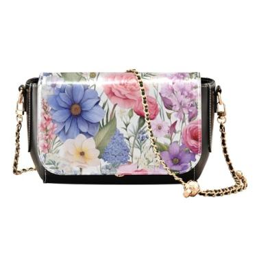 Imagem de Pink Donuts em uma bolsa tiracolo feminina preta com aba, bolsa de ombro de couro transversal, bolsa de couro para mulheres a tiracolo, Cheio de flores em aquarela - 1, One Size