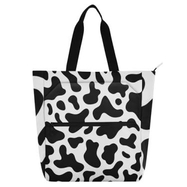 Imagem de GAIGEO Sacola de trabalho com textura de vaca preta e branca para mulheres bolsa escolar de lona fofa bolsa infantil com compartimentos