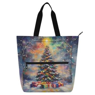 Imagem de Luzes de árvore de Natal coloridas bolsas de trabalho para mulheres, bolsas de tecido de lona, faculdade, escola, utilitário, escritório, livros, presente para amantes de livros