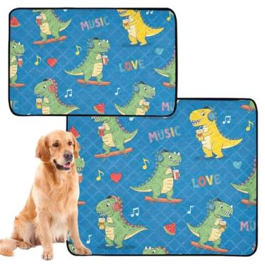 Imagem de Almofadas de xixi laváveis para cães reutilizáveis almofada de xixi desenho fofo verde dinossauros azuis filhotes absorventes impermeáveis tapete de gaiola de cachorro fofo, médio + grande, conjunto