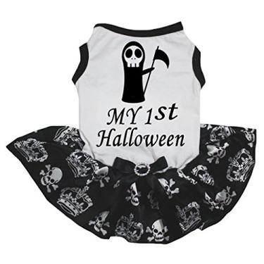 Imagem de Petitebella Vestido para cachorrinho My 1st Halloween Grim Reaper (branco/caveira preta coroa, pequeno)