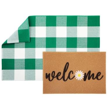 Imagem de Maasechs 2 peças de tapete de porta de boas-vindas de flor da primavera 61 cm x 89 cm tapete xadrez verde branco e 60 cm x 40 cm tapete floral antiderrapante para entrada externa