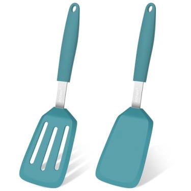 Imagem de POTWIY Conjunto de 2 espátulas de silicone, utensílios de cozinha resistentes ao calor de 315 °C, antiaderentes e sem BPA, espátula flexível sólida e ranhurada para cozinhar ovos e panquecas (azul)