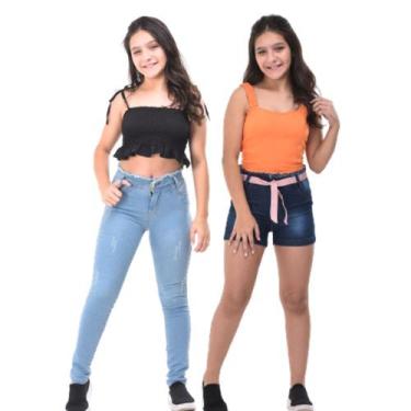 Imagem de COMBO short + calça jeans feminina slim infantil juvenil 10 ao 16 meni
