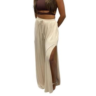Imagem de Calça Pantalona Feminina Cintura Alta com Fenda Lateral de Malha Tecid