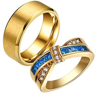 Imagem de ringheart Dois anéis de casal branco e azul aço titânio 8 mm aliança de casamento masculina azul CZ anel de casamento feminino, women's size 8 & men's size 10, Papel, Zircônia cúbica