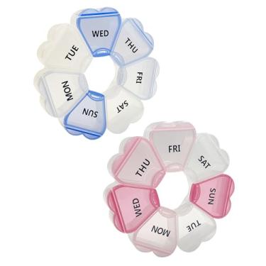 Imagem de Organizador semanal de comprimidos grande, organizador de comprimidos de coração fofo de 7 dias, recipiente semanal para óleo de peixe/remédios/suplementos (azul 1 + rosa 1)