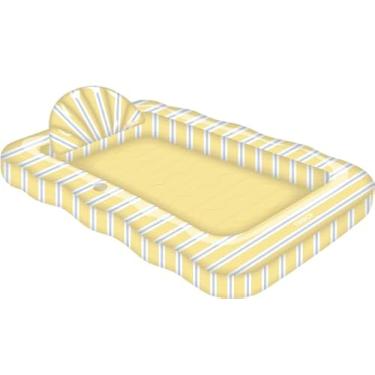 Imagem de FUNBOY Espreguiçadeira de piscina para bronzeamento com listras amarelas e azuis, GG 183 cm x 122 cm com travesseiro e suporte de copo grande