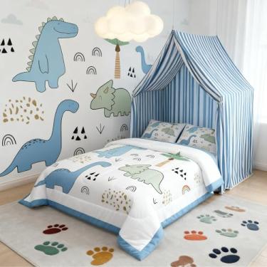 Imagem de Conjunto de edredom infantil fofo de dinossauro, desenho animado, dinossauro, coleção de cama macia, pintura à mão, estampa de dupla face, para quarto de meninos e meninas, 2 peças
