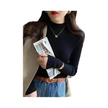 Imagem de Suéter Feminino De Tricô Slim Fit Gola Alta Vintage Liso Coreano Casua