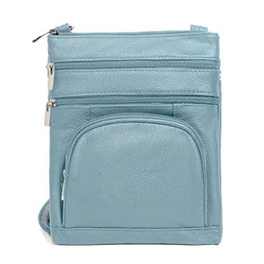 Imagem de TOVOSO Bolsa transversal feminina, bolsa de couro genuíno com vários bolsos com alça ajustável, proteção RFID, carteira embutida, Azul claro, X-Large
