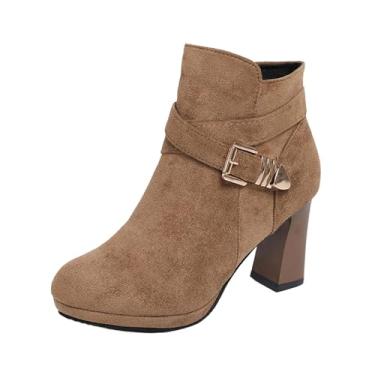 Imagem de Botas femininas modernas, casuais, modernas, de inverno, sólidas, com fivela elegante, salto redondo, salto alto com zíper lateral, Marrom, 38