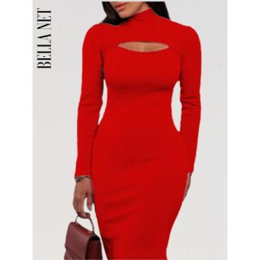 Imagem de Vestido Tubinho Manga Longa Gola Alta Decotado Moda Gringa - Laranja Q