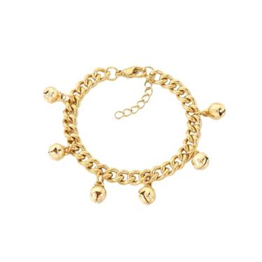Imagem de OIDIMS Pulseira feminina com pingente de sino cubano grosso banhado a ouro banhado a ouro pulseira de corrente ajustável vintage com sons pendurados sinos contas borla pulseira fashion simples indiana