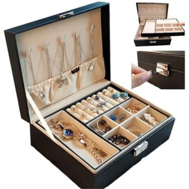 Imagem de Porta-Joias com Chave – Organizador Elegante com Divisórias, Porta-Anéis, Ganchos para Colares e Estojo Luxo para Viagem e Bancada (Preto)