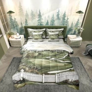 Imagem de Erosebridal Jogo de cama solteiro com estampa de campo de golfe, aquarela, 7 peças, para crianças, meninos, meninas, adultos, gramados, árvores, plantas, floral, jogos de bola, verde e bege