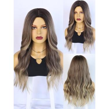 Imagem de Touca de cabelo + peruca marrom longa cor ombré ondulada perucas marrons para mulheres peruca cacheada perucas de fibra sintética solta natural ondulada feminina fantasia separada Halloween cosplay