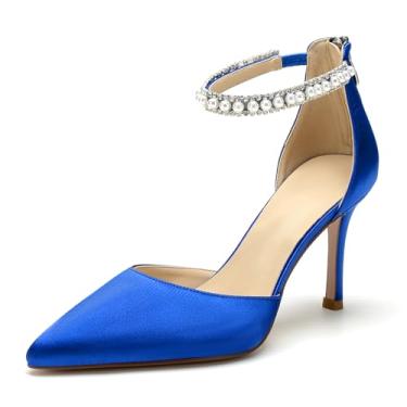 Imagem de Sapatos de casamento com bico fino pérola para noiva, sapatos de salto alto branco de cetim com zíper nas costas, vestidos de dança à noite, sapatos escarpim para mulheres, Azul royal, 38