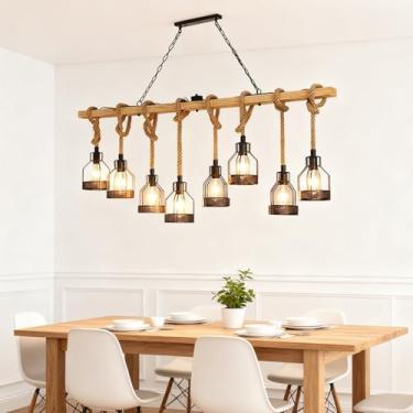 Imagem de Luminária pendente E27 vintage para mesa de jantar, em madeira, com corda de cânhamo, estilo retrô industrial, com altura ajustável, ideal para sala de estar, cozinha, bar, restaurante e caf