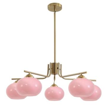 Imagem de Lustre moderno rosa, luminária pendente de vidro rosa com 5 lâmpadas, lustre grande dourado em formato de globo, luminária de teto embutida de meados do século para sala de jantar, ilha de c