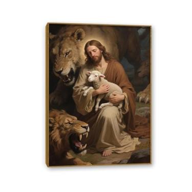 Imagem de Jesus Leão Cordeiro Pintura Leão Arte de Parede Religiosa Jesus e Cordeiro Tela Decoração de Casa para Igreja Cristã Sala de Oração Sala de Estar Decoração de Parede 85 x 60 cm Moldura Dourada