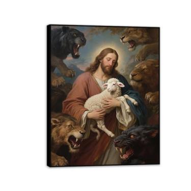 Imagem de Arte de parede em tela Jesus e Cordeiro O Leão de Judá Pictures Decoração de parede Jesus Cristo Impressão para sala de estar Igreja Sala de Oração Decoração de casa 50 x 40 cm (20 x 16 polegadas