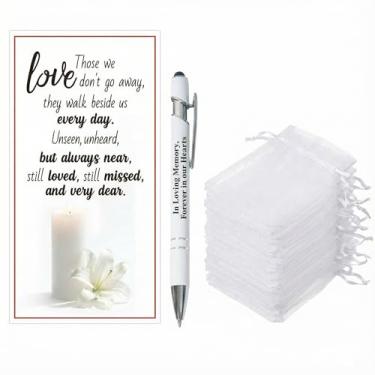 Imagem de Yeaqee Conjunto de 150 peças de lembrancinhas de funeral para um serviço comemorativo, 50 canetas esferográficas, 50 cartões de poema, sacos de organza branca, simpatia, condolência, luto, presente