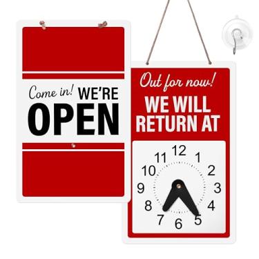 Imagem de Placa de retorno com relógio ajustável, placa de plástico de dois lados de 23,5 cm x 14,6 cm com barbante e gancho de ventosa, horário comercial aberto fechado