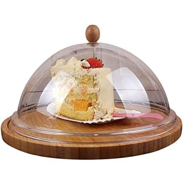 Imagem de Suporte de bolo bandeja de exibição de sobremesa caixa de bolo redonda, disco de madeira ranhurado, bandeja de degustação de bolo de pizza para restaurante ocidental, suporte de bolo cúpula de