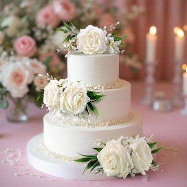 Imagem de Party to Be Flores de bolo de casamento, 3 peças, rosas brancas artificiais grandes pré-fabricadas com decoração de bolo floral verde
