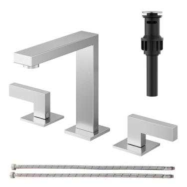 Imagem de RUMOSE Torneiras de banheiro de níquel escovado generalizadas de 20 cm para pia 3 furos de aço inoxidável 2 alças torneira quadrada moderna RV torneiras de banheiro com ralo pop-up torneira de vaidade