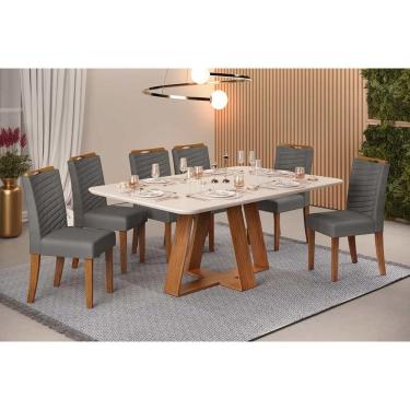 Imagem de Conjunto: Mesa de Cozinha Celeste c/ Tampo Madeirado c/ Vidro Retangular 160x90cm e 6 Cadeiras Julia Freijo/Off White - Suede Lunar - DJ Móveis