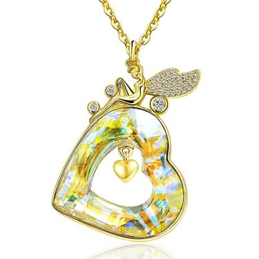 Imagem de G&GEMSJEW Colar de fada de ouro, colar de cristal colorido em forma de coração, para mulheres e meninas, colar com pingente de anjo banhado a ouro 14K, Latão, Zircônia cúbica
