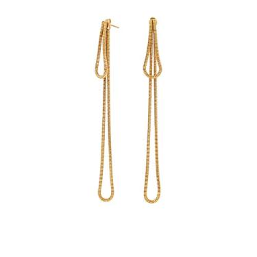 Imagem de Brincos femininos com pingente de corrente longa de dois tons, banhado a ouro 18 K, joia personalizada, hipoalergênica, leve, presente de festa de aniversário para ela, 105mm, Metal, Sem pedra