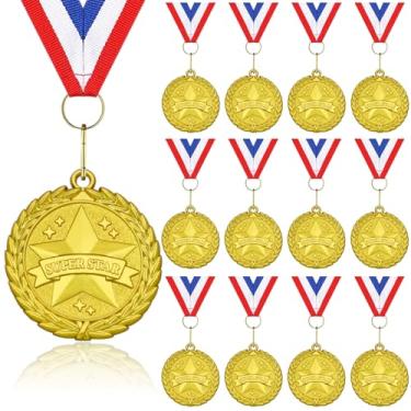 Imagem de Donrime Medalhas de ouro Super Star, pacote com 12 medalhas de metal para dia esportivo com colar de fita para prêmios do dia esportivo, competições de ginástica, presentes de festa, crianças e