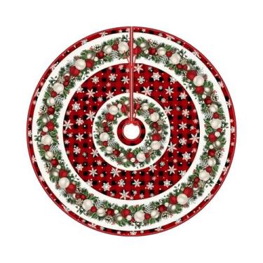 Imagem de Saia Para Árvore De Natal Xadrez Vermelha E Preta Com Flocos De Neve V