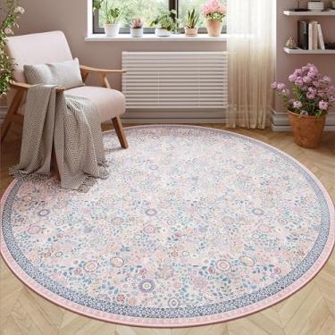 Imagem de Clemile Tapete redondo floral 15 x 15 - Tapete antiderrapante vintage para sala de estar lavável - Tapete macio e resistente a manchas para cozinha, quarto, sala de jantar, berçário, colorido, rosa