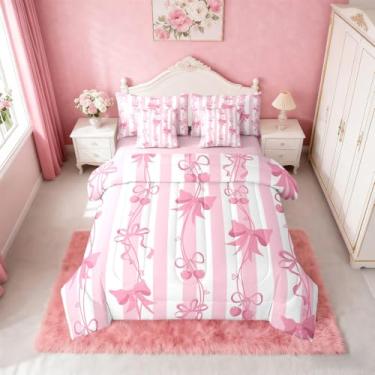 Imagem de Erosebridal Conjunto de cama casal de 7 peças com laço rosa cereja para meninas, cama com laço rosa em uma bolsa para meninas adolescentes, conjunto de edredom com laço de princesa formal Coquette com