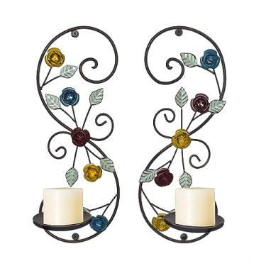 Imagem de JUCONSIN Conjunto de 2 castiçais de parede, suporte de vela de metal antigo, multicolorido, ramo de folha, para pendurar na parede, para sala de estar, sala de jantar