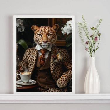 Imagem de Quadro Onça Elegante Tomando Café 24X18Cm