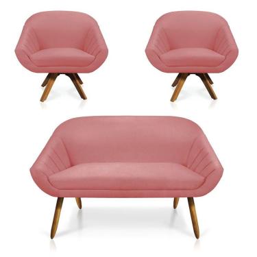 Imagem de Kit 01 Namoradeira 02 Lugares E 02 Poltronas Giratória Giovana Suede Base Madeira Mm30 D'rossi Rose
