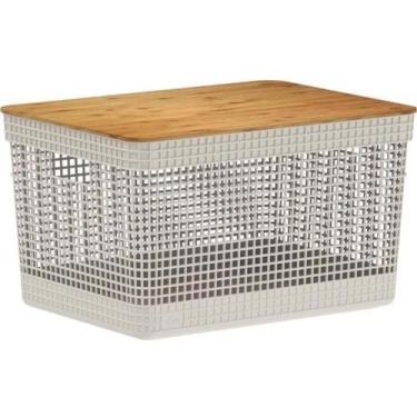 Imagem de Cesto Organizador Grid Com Tampa De Bambu 20 Litros - OU, Bege