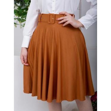 Imagem de Saia Midi Godê Social Elegante com Cinto Evangélico - Fashion, Caramel