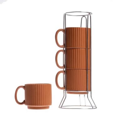 Imagem de Jogo de 4 xícaras Chá Cerâmica com suporte Terracota 170ml -L Hermitag
