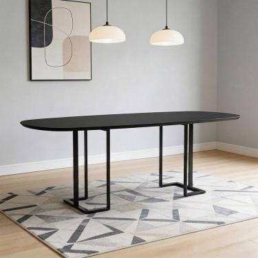 Imagem de Mesa de Jantar 8 Lugares Retangular Orgânico Com Vidro 200cm Pés Industrial Alina N01 Preto - Lyam Decor